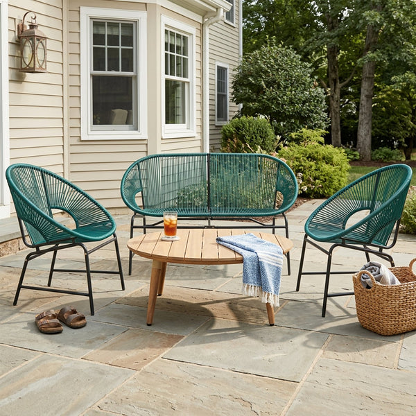 English Elm Nusa Outdoor Pe Rattan Conversation Set with Acacia Wood Coffee Table Patio Natural,Teal NUSA4PCSET-TEL
