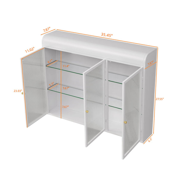 English Elm 3 Door Arched Wall Mounted Glass Cabinet with Wide Top Narrow Bottom Design for Stylish Storage and Display White W757P221502