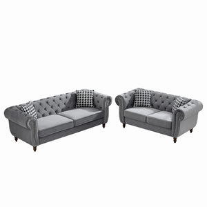 English Elm 3+2 Seater Chesterfield Velvet Sofa Set - Modern Gray Upholstery With Nailhead Trim For Elegance W3373S00014
