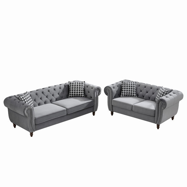 English Elm 3+2 Seater Chesterfield Velvet Sofa Set - Modern Gray Upholstery With Nailhead Trim For Elegance W3373S00014