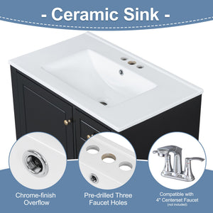 English Elm Christopher Knight Home® - 30" Freestanding Bathroom Vanity with Ceramic Sink, Soft-Close Door, Gold Knobs & 3 Drawers, Durable Painted Finish Black N759P225994B