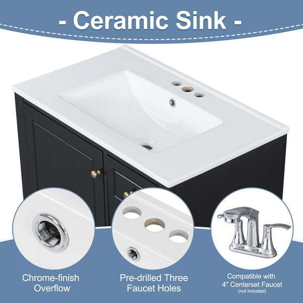 English Elm Christopher Knight Home® - 30" Freestanding Bathroom Vanity with Ceramic Sink, Soft-Close Door, Gold Knobs & 3 Drawers, Durable Painted Finish Black N759P225994B