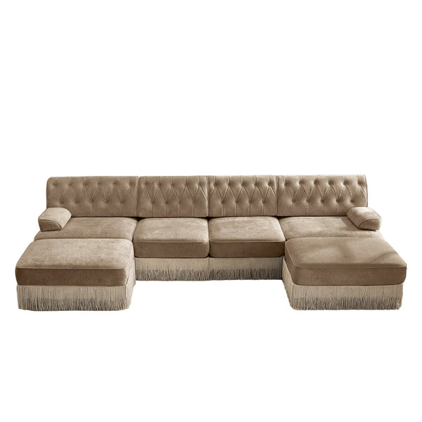 English Elm 4-seater Modular Sectional with Ottomans Tufted Fleece Sofa Tassel Skirt Retro Luxe Camel W714S01701