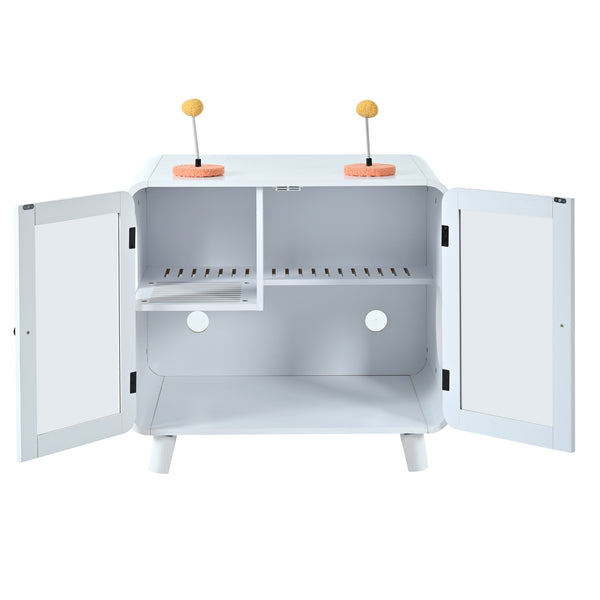 English Elm Cat Litter Box Enclosure Mdf Cabinet with Rgb Lighting Glass Doors and Play Loft White N704P419240K