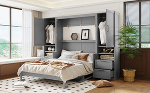 English Elm Queen Murphy Fold Down Wall Bed with Wardrobe Drawers and Shelves for Guest Rooms Gray LP000909AAE-2