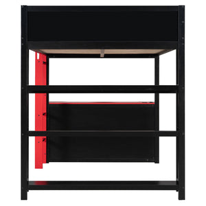English Elm Full Size Gaming Loft Bed with Led Lighting Desk Shelves and Usb Charging Ports Black+Red N820S00076J