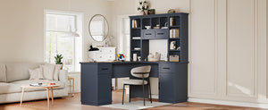 English Elm L-Shaped Corner Desk with 3 Cabinets, 2 Drawers & 11 Shelves, Built-In Power Outlet for Home Office Antique Blue W1580S00190