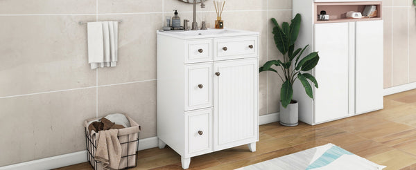 English Elm 24-Inch Bathroom Vanity Cabinet with Ceramic Sink, Space-Saving Storage, Solid Wood Feet, Durable Finish White WF532034AAK