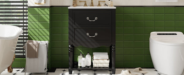 English Elm 24'' Vintage Bathroom Vanity with Ceramic Sink Soft Close Drawers Open Shelf Black N710P411237B