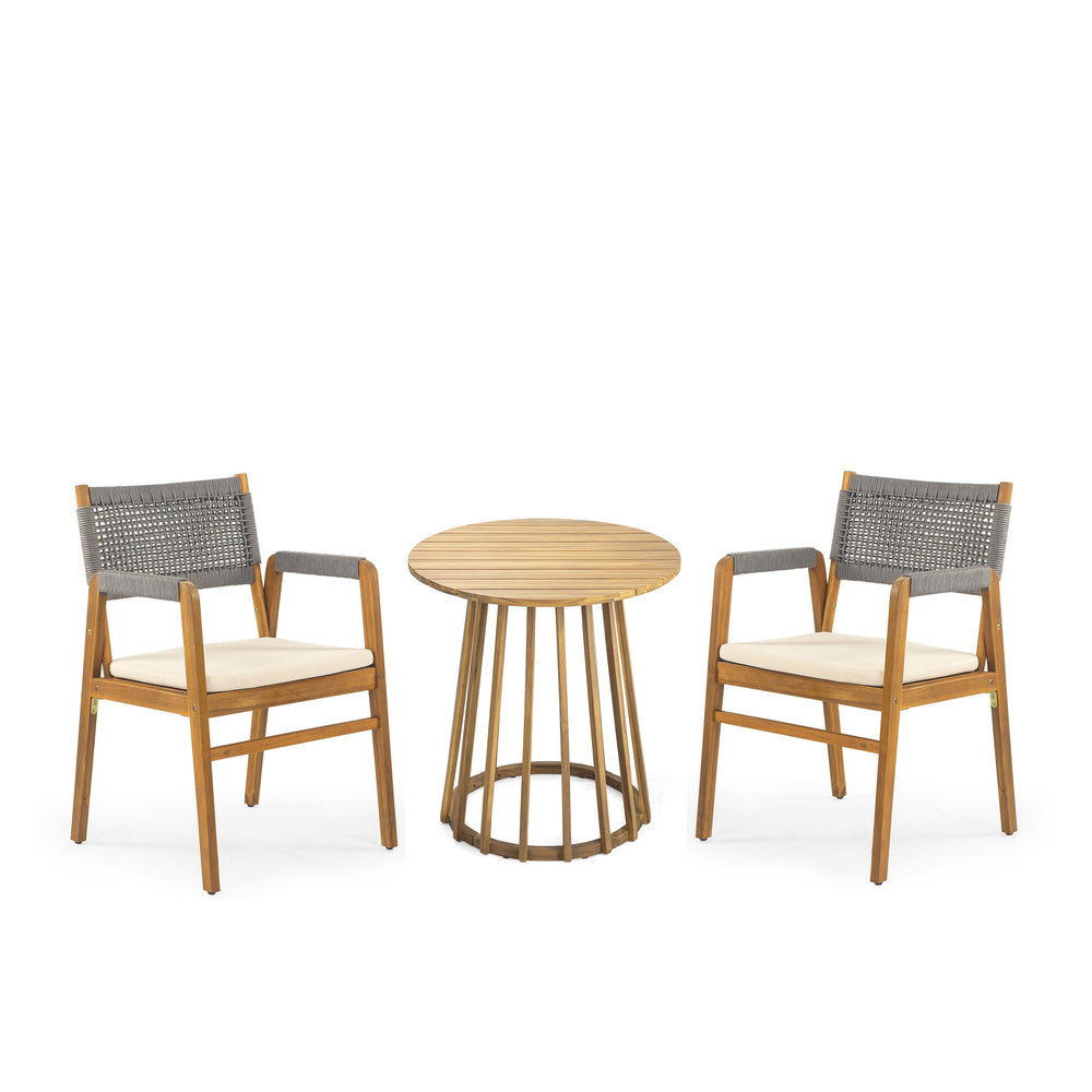 English Elm Christopher Knight Home® - Outdoor 3-Piece Acacia Wood Dining Set With Cushions, Modern Coastal Style For Small Spaces N773P210139G2_N773P191382T