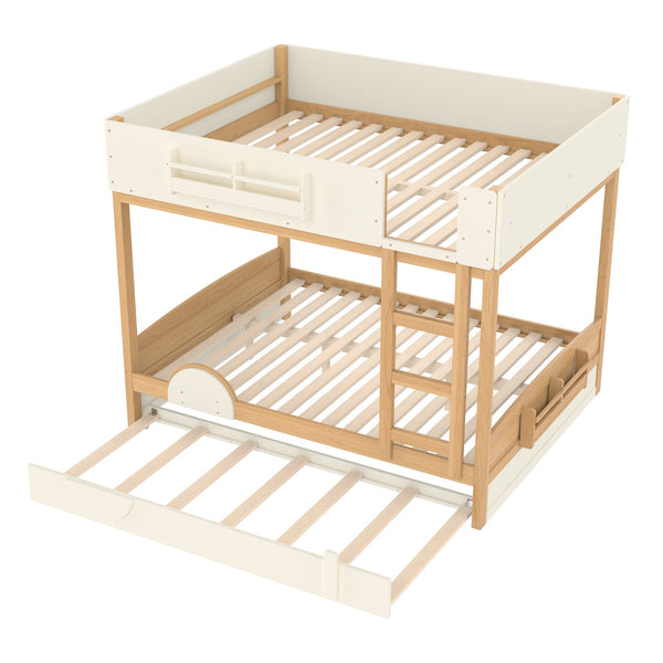 English Elm Queen Bunk Bed with Trundle Solid Pine Kids Car Themed Frame Built-in Bookshelf Natural+Beige W1580S00449