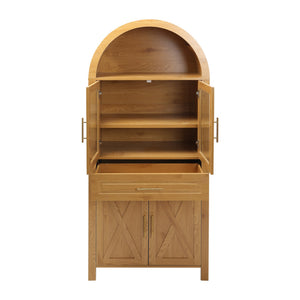 English Elm 71" Arched Glass Barn Door Pantry Cabinet Farmhouse Mdf Storage for Kitchen Dining Oak W2917S00017