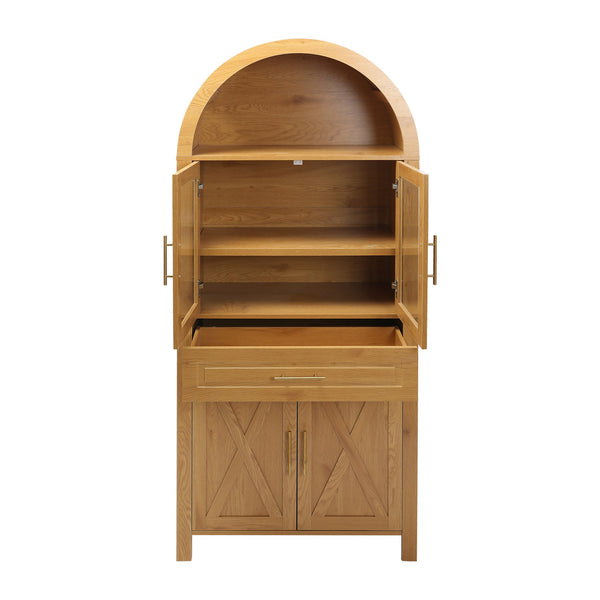 English Elm 71" Arched Glass Barn Door Pantry Cabinet Farmhouse Mdf Storage for Kitchen Dining Oak W2917S00017