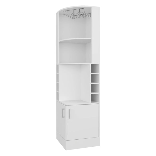 English Elm White Corner Bar Cabinet Tall with Wine Bottle Rack, Built-In Glass Holder, 4 Shelves, Modern Storage B062S00607