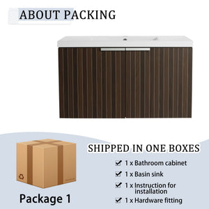 English Elm 36 Inch Silver-Brown Stripe Wall-Mounted Vanity with Resin Sink, Soft-Close Doors & Spacious Storage W999P204953