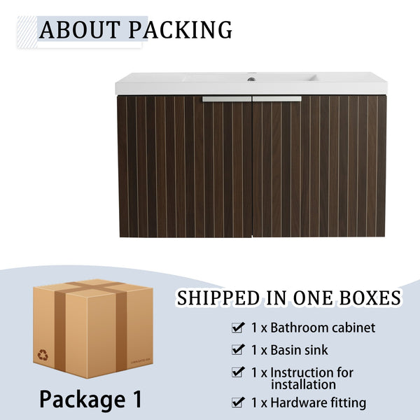 English Elm 36 Inch Silver-Brown Stripe Wall-Mounted Vanity with Resin Sink, Soft-Close Doors & Spacious Storage W999P204953