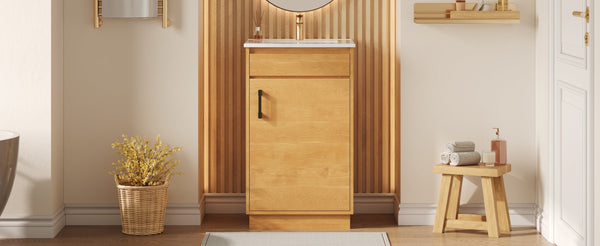 English Elm 20-inch Farmhouse Bathroom Vanity with Ceramic Sink, Freestanding Single Cabinet, Soft-Close Door, Adjustable Shelf, Natural Wood-Grain Finish N710P334910P