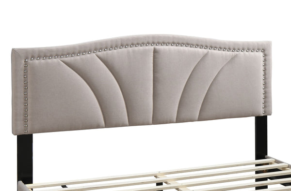 English Elm Modern Burlap Upholstered Full Platform Bed Curved Headboard with Nailhead Trim Detail B011P418593