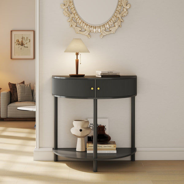 English Elm Artisan-crafted Demi-lune Console Sculptural Wave Drawers Vanilla Lacquer Hallway Accent Dark Gray W2557P329371