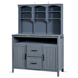 English Elm (with Hutch) Topmax Solid Fir Outdoor Potting Bench Station Cabinets Drawers Patio Garden Gray N717P404332E