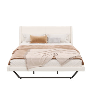 English Elm Queen Pu Leather Platform Bed Sculptural Wave Base Floating Silhouette Modern Bedroom White N761S0000032W