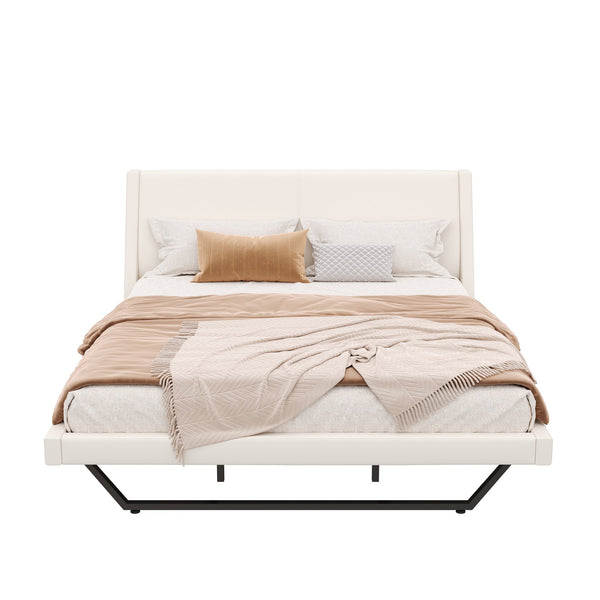 English Elm Queen Pu Leather Platform Bed Sculptural Wave Base Floating Silhouette Modern Bedroom White N761S0000032W