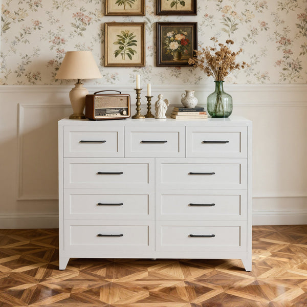 English Elm 7-drawer Steel Dresser Wide Low Profile White Cabinet for Bedroom or Entryway T2398P498868