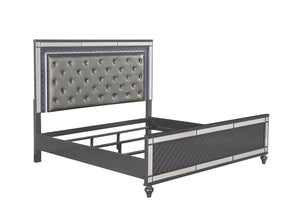 English Elm Modern Upholstered Headboard Queen Bed with Button Tufting, Glass Inlay & LED Lighting, Faux Leather Finish Elegance Gray 66 L x 47 W x 7 H B011S01215