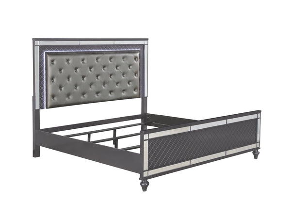 English Elm Modern Upholstered Headboard Queen Bed with Button Tufting, Glass Inlay & LED Lighting, Faux Leather Finish Elegance Gray 66 L x 47 W x 7 H B011S01215