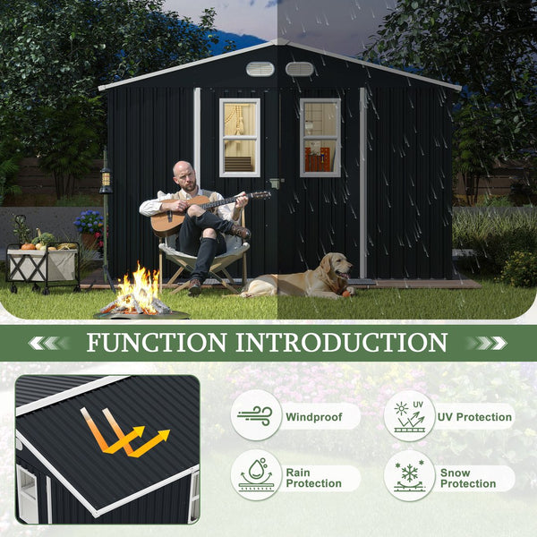 English Elm Outdoor Metal Storage Shed 8x10 with Four Windows Lockable Doors Waterproof Steel W1598S00038