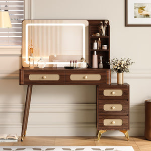 English Elm 47''Vintage Elegant Makeup Vanity with Lights and Mirror, 5-Drawer Rattan Design, Solid Wood Craftsmanship Dark Walnut 46 L x 27 W x 8 H N733P337468D
