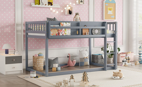 English Elm Low Low Twin Over Twin Bunk Bed with Ladder, Solid Wood Low-Profile Kids Bed Frame, Sturdy Design Grey 81.1 L x 13.58 W x 6.49 H W2593P375494