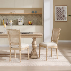 English Elm French Country Dining Chairs Set Of 2 - Upholstered Natural Rattan Back, Vintage Charm For Any Space W3426P324546