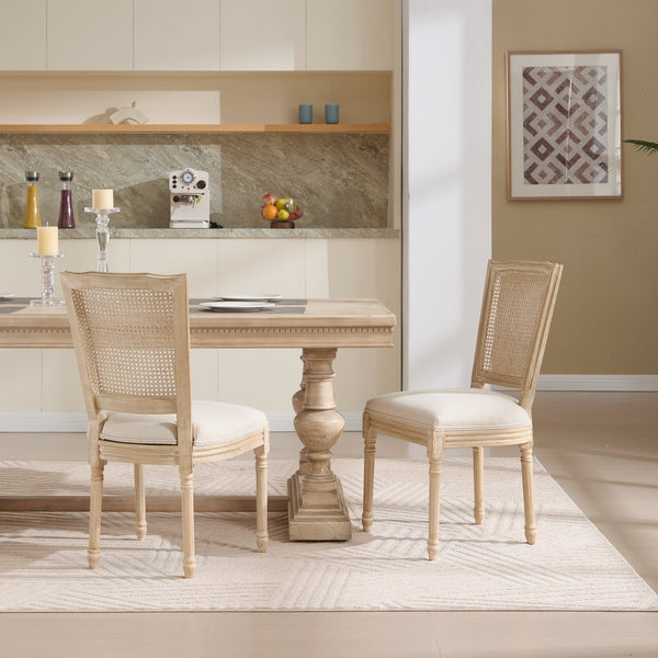 English Elm French Country Dining Chairs Set Of 2 - Upholstered Natural Rattan Back, Vintage Charm For Any Space W3426P324546