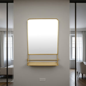 English Elm Rectangular Gold Metal Framed Wall Mirror with Built-in Shelf for Entryway Decor B056P416917