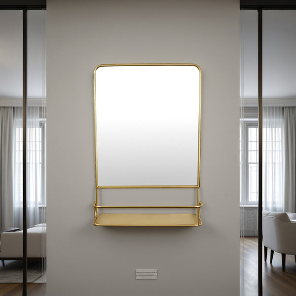English Elm Rectangular Gold Metal Framed Wall Mirror with Built-in Shelf for Entryway Decor B056P416917