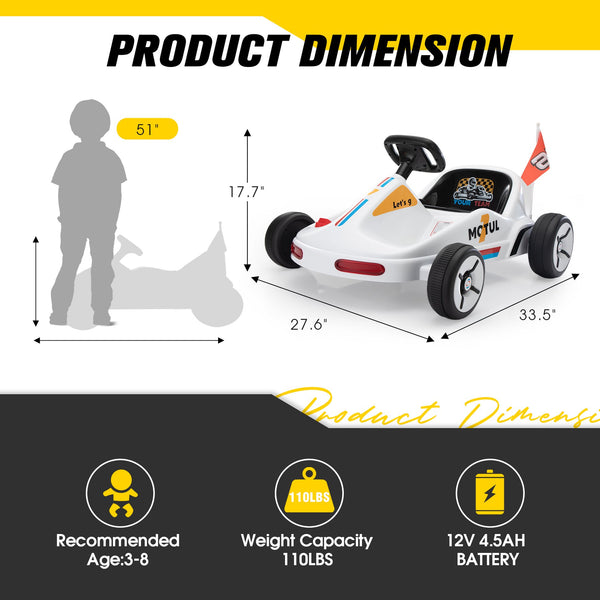 English Elm 12v Kids Electric Go Kart with Parental Remote Dual Motors Led Bluetooth Pedal White W2181P201026