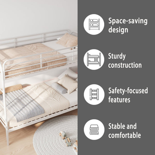 English Elm Metal Twin Over Twin Bunk Bed - Heavy Duty Metal Frame with Dual Ladders, Full-Length Safety Rails, Low-Profile Space-Saving Design White W3752P378565