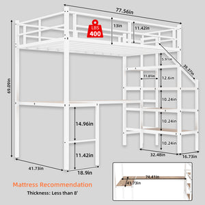 English Elm Loft loft bed with L-shaped desk, built-in storage stairs, 360° guardrail, sturdy iron frame for small rooms White W1935S00004
