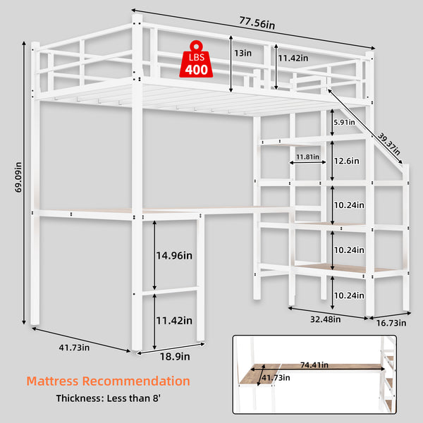 English Elm Loft loft bed with L-shaped desk, built-in storage stairs, 360° guardrail, sturdy iron frame for small rooms White W1935S00004
