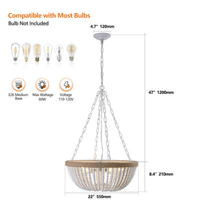 English Elm 22" Bohemian Wood Beaded Pendant Chandelier White+Oak — Soft Ambient Lighting, Durable Iron Craftsmanship W1340P177244