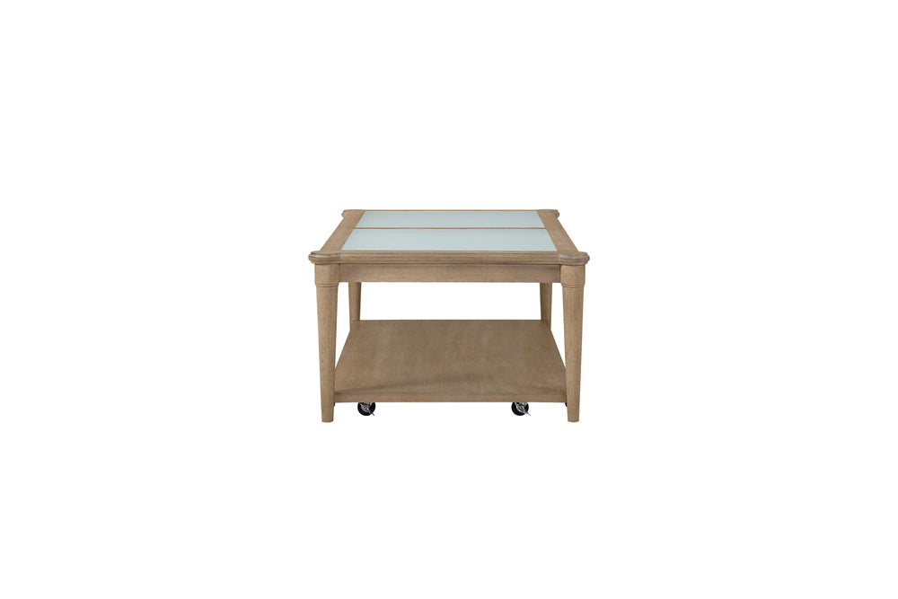 English Elm Frosted Sand Finish Cocktail Table with Casters — Solid Wood & Glass Top, Transitional Casual Design B2699P218292