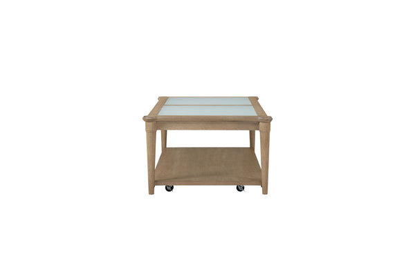 English Elm Frosted Sand Finish Cocktail Table with Casters — Solid Wood & Glass Top, Transitional Casual Design B2699P218292