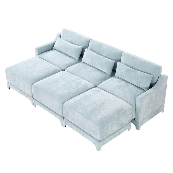 English Elm Three Elegant Sky-Blue Chenille Sofa With 3 Movable Ottomans & Lumbar Pillow For Versatile Comfort W714S01209-GIGA