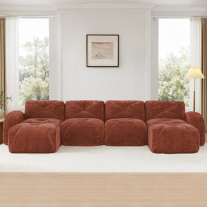 English Elm U-shaped Modular Velvet Sofa Tufted Cushions High Density Foam Living Room Sectional Red+Brown W714S01611