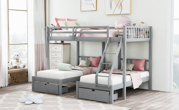 English Elm Full Over Twin Triple Bunk Bed Pine Wood Frame with Storage Drawers and Guardrails LT000343AAE-1