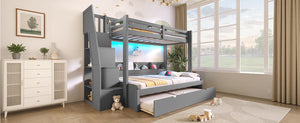 English Elm Twin Over Full Bunk Bed with Stair Drawers Shelves Led Lighting and Usb Port Grey N7090005013E