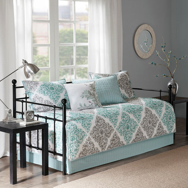 English Elm 6 Piece Reversible Daybed Cover Set Madison Park Claire Botanical Quilted Twin Cover with Shams and Decorative Pillow Aqua 15.75 L x 17.72 W x 8.27 H B035129018