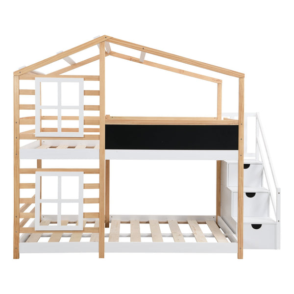 English Elm Twin Over Solid Pine House Bunk Bed with Blackboard Storage Staircase W495S00013