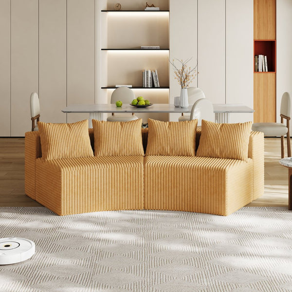 English Elm Corduroy Curved Sectional Sofa with Four Pillows — Modular Semi-Circular Plush Cloud Seating Comfort Yellow W834P232287